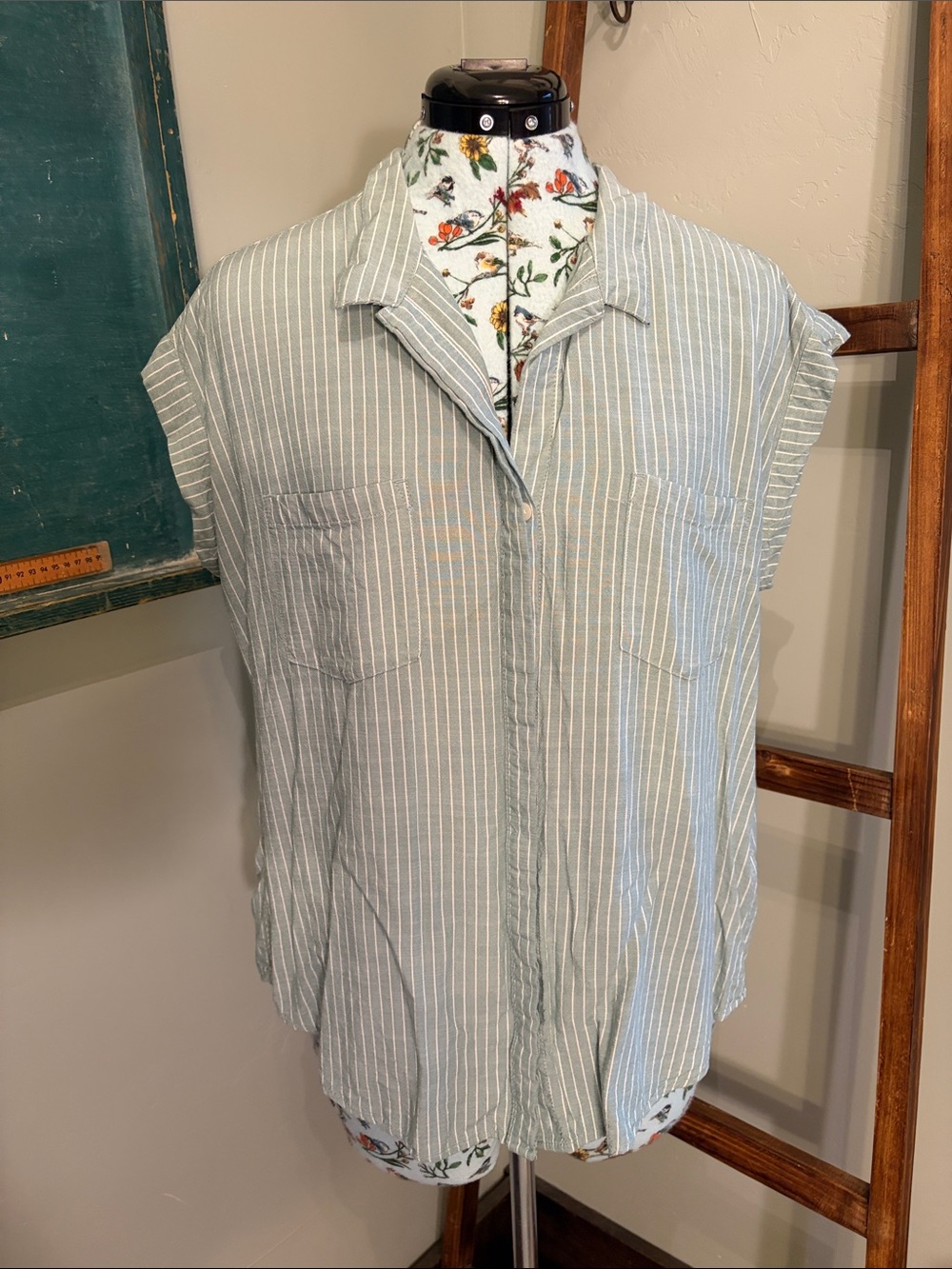 JACHS Girlfriend Sage Green and White Striped Sleeveless Button-Up Blouse
